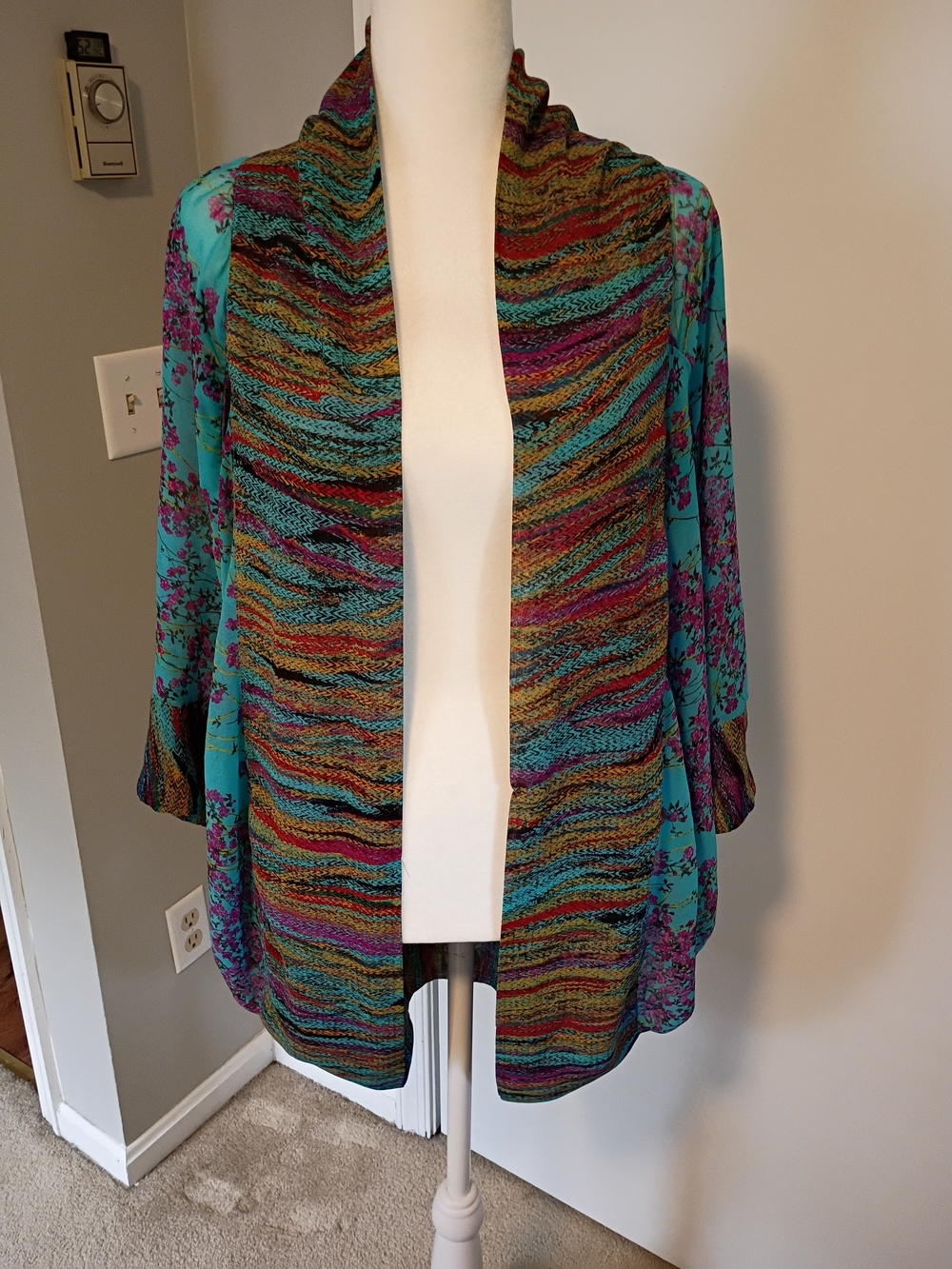Multicolor Open-Front Women's Kimono - Teal Floral Trim